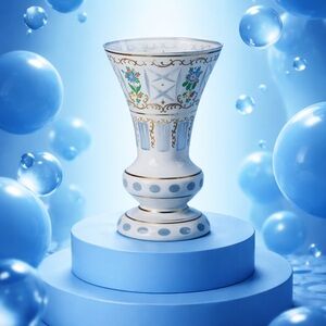 Czech Bohemian Large Blue Cased to White Glass Large Flared Rime VASE LOT 4355